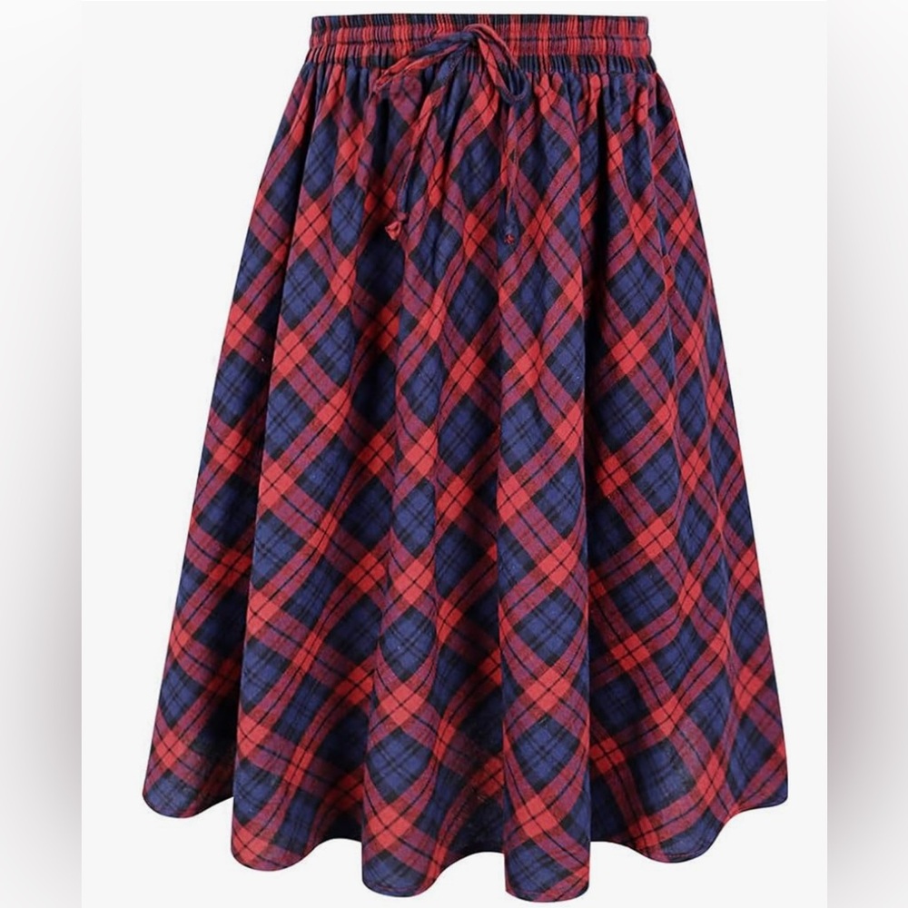 Plus Size 4X Red Plaid Tartan Midi Skirt with Pockets - Picture 2 of 8